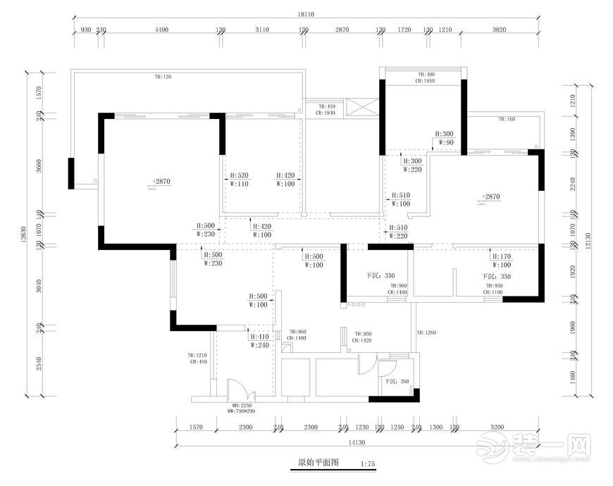 广州星汇文瀚154平米三居室现代风格原始平面图