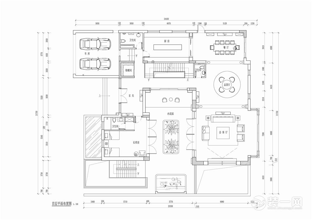 广州九龙湖450平米别墅简欧风格一层平面布置图