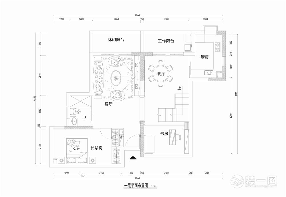 广州合一国际87平米复式现代风格一层平面布置图