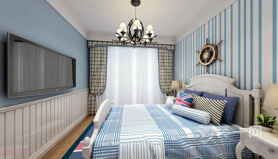 蓝色条纹配上白色家具，充斥着浓厚的地中海气息，让人更贴近于大自然，典雅的灯饰，格纹图案的窗帘，令人爱