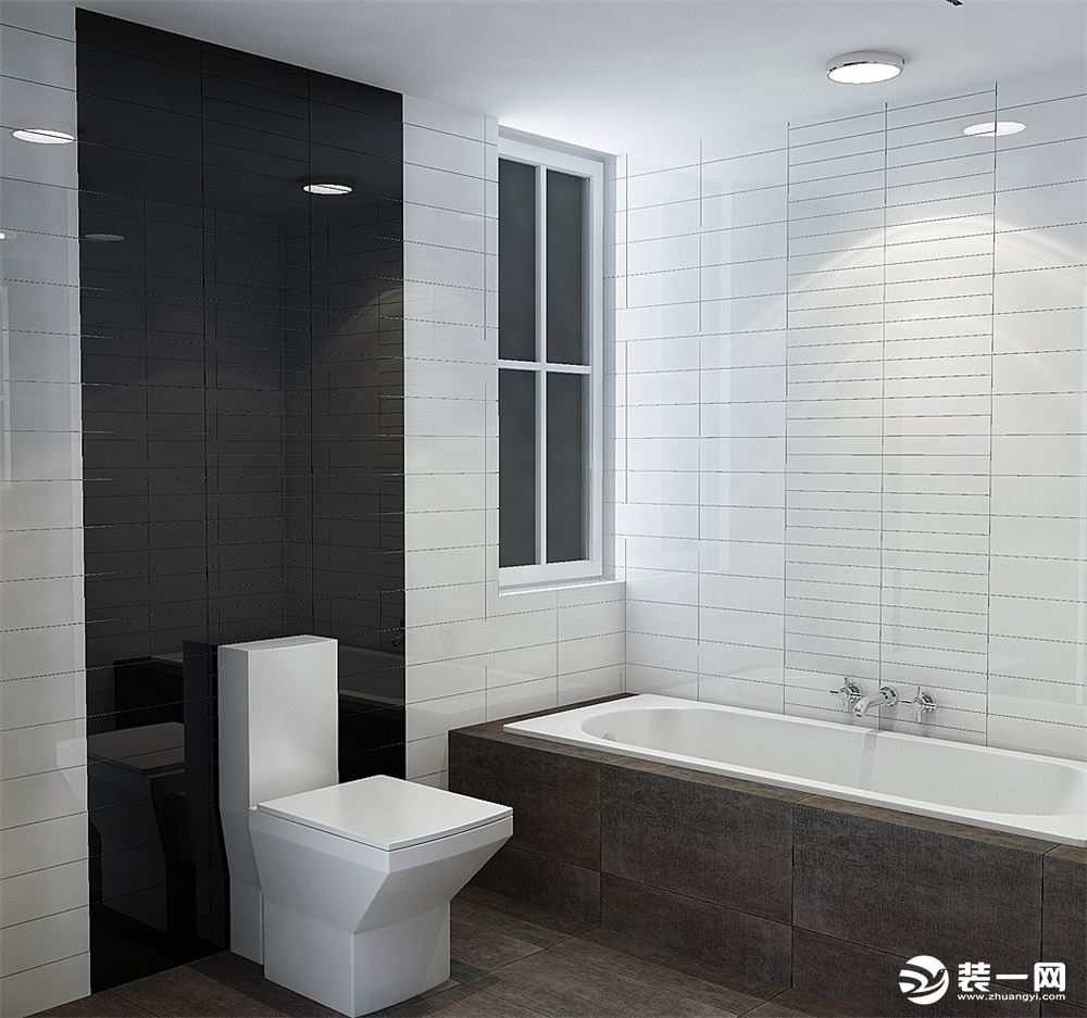 【卫生间】简单而干净是卫生间的基本需求，时尚而大气，黑白瓷砖的搭配，简单大方，长长的浴缸是沐浴的舒适