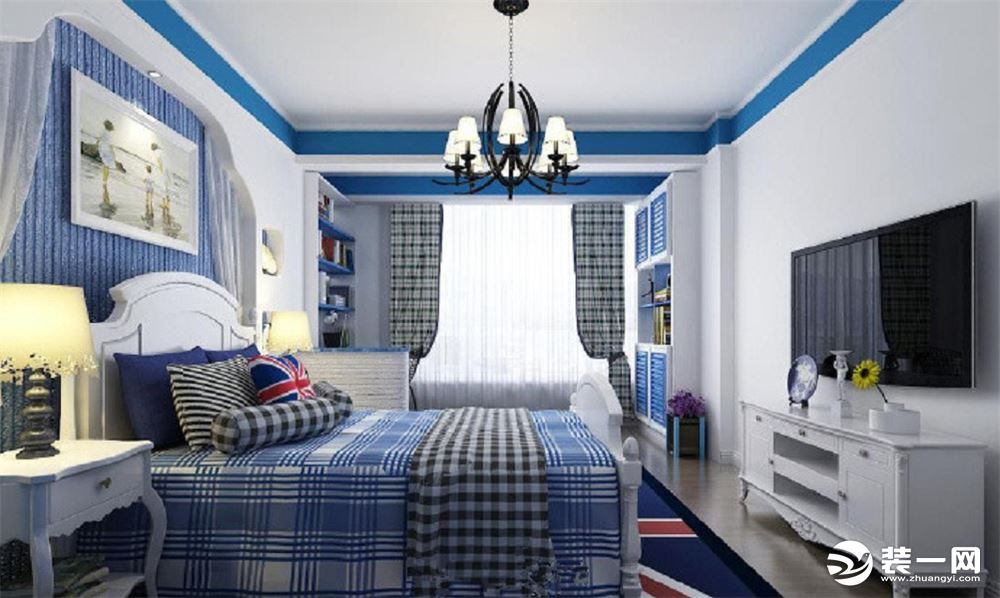 【卧室】蓝白色调的和谐搭配，格子窗帘与床饰完美统一，白色的吊顶下一盏简单独特的吊灯，无论是色彩还是家