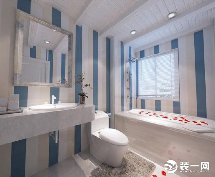 【卫生间】有着舒适大浴缸的卫生间，搭配色调一致的蓝白条形，独特的视觉享受与卫浴体验，干净整齐。