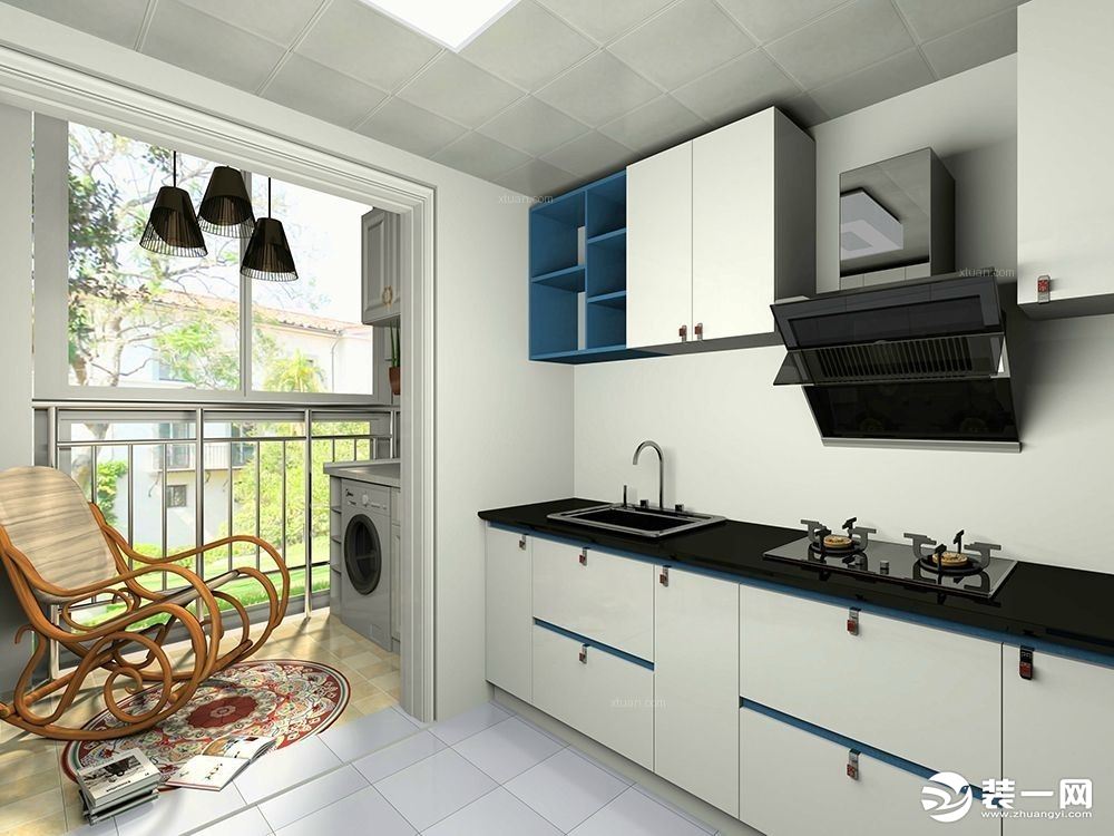 厨房空间明亮，白色与蓝色橱柜，色调和谐统一，厨房外接阳台，可放置洗衣机等大物件，亦可赏景与乘凉，实用