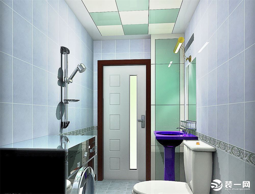 【卫生间】时尚而又大气的卫生间设计，仍然点缀少量的紫色，合理利用小小的空间，各色镶嵌的瓷砖使得卫生间