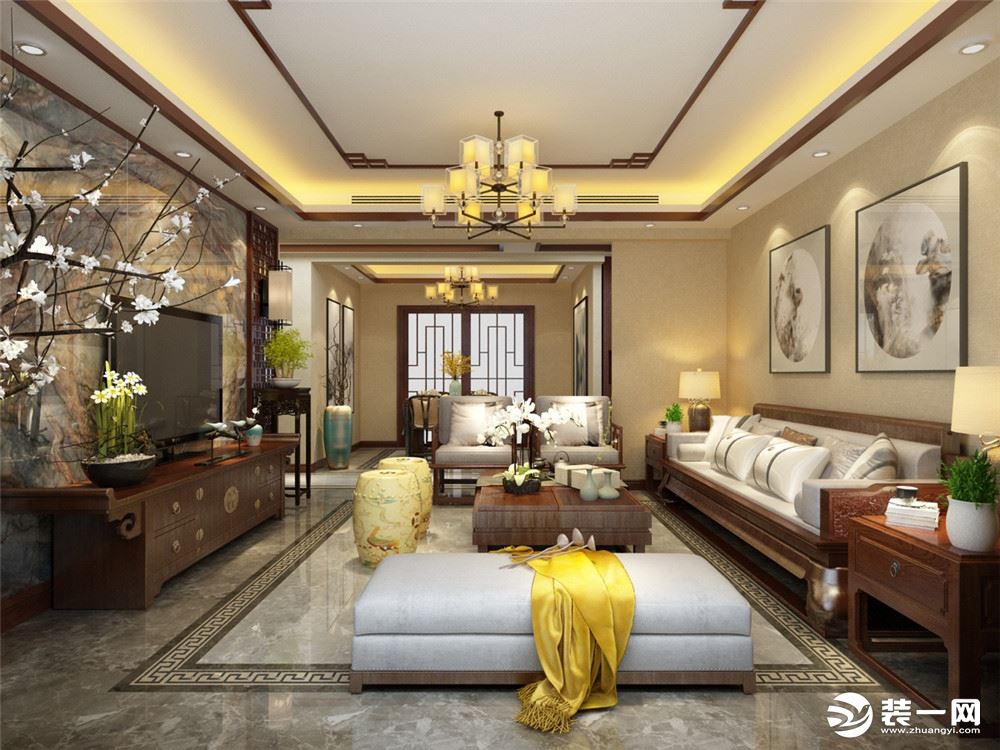 红木家具带有强烈的中国特色，温和的灯光与黄色墙面让整个空间看起来更加大气，客厅淡雅的装饰，弥漫着中式