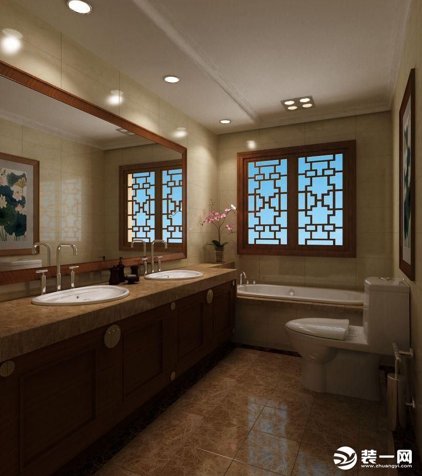 卫生间宽敞大气，中式的浴室柜与窗户，长长的浴室镜带来空间感，舒适的沐浴体验，双洗面盆带来便捷的生活体