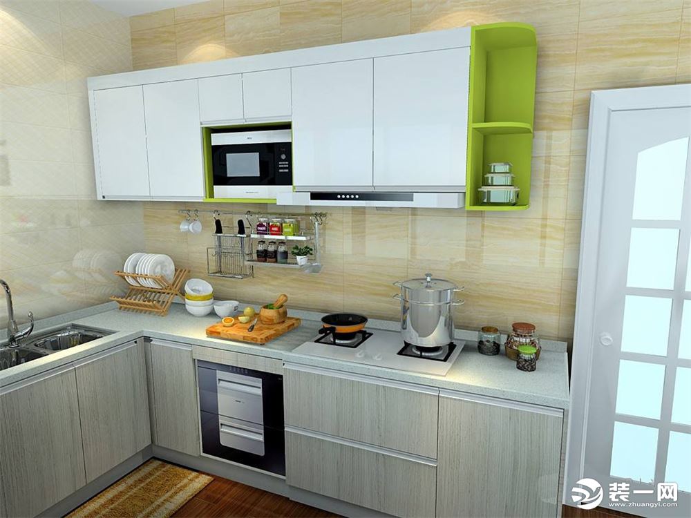 厨房的设计采用L形，利用了转角处的空间，稍微做绿色的点缀橱柜让人眼前一亮，恰到好处，没有突兀，简单实