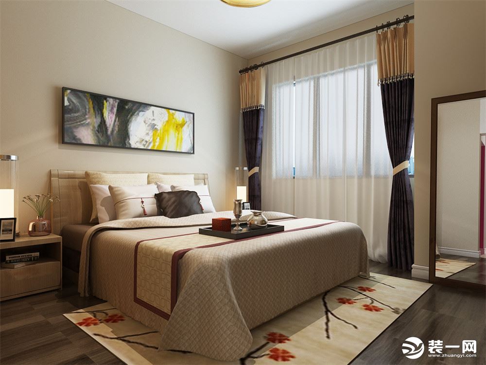 卧室的设计依然是以简单的造型为主，床的背景墙以一副现代抽象画为衬托，有层次有立体感。地毯的色彩与房间