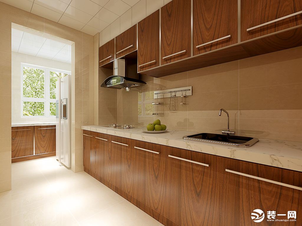 厨房里功能规划合理，一切都井然有序，定制款的橱柜，清新自然、简约大气。白色的窗户让厨房更加通透，阳光
