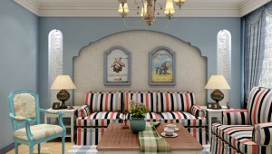 客厅的设计清新而自然，拱形造型的设计特别而受人喜爱，如童话故事钟大哥城堡一般。条纹图案的沙发组合色彩