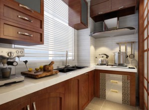 【廚房裝修效果圖】廚房也大量采用實木櫥柜，整體高端大氣有檔次。鑲以金邊，采用磨光透明抽屜，視覺上更大