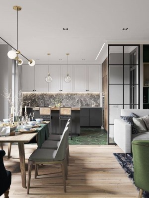 厨房没有明显的隔离，属于开放式，符合现代流行的极简主义，扩大了视觉空间。线条纹理的绿色地面砖和墙面砖