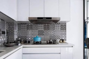 廚房采用白色櫥柜，干凈而又明亮，墻壁貼黑白花紋磚，各式各樣的紋理圖案使廚房又呈現出一絲別致。我們來自