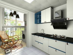 廚房空間明亮，白色與藍色櫥柜，色調和諧統一，廚房外接陽臺，可放置洗衣機等大物件，亦可賞景與乘涼，實用