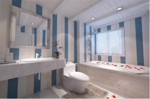 【卫生间】蓝白条纹相间的卫生间，独特的视觉享受与卫浴体验，干净明亮，清洁环保的居家生活尽显其中。