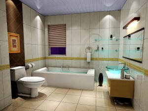【卫生间】卫生间有着宽敞的空间，紫色的窗户，棕色的少许墙面砖，荧光色一般的洗手盆，把整个空间变的格外