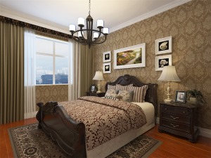 美式风格的设计在卧室得以完美体现，壁纸与地毯窗帘和谐统一，舒适的大床，原木家具形成古典尊贵的空间感，