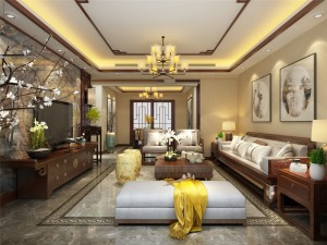 红木家具带有强烈的中国特色，温和的灯光与黄色墙面让整个空间看起来更加大气，客厅淡雅的装饰，弥漫着中式