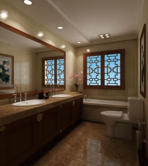 卫生间宽敞大气，中式的浴室柜与窗户，长长的浴室镜带来空间感，舒适的沐浴体验，双洗面盆带来便捷的生活体