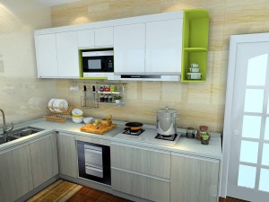 厨房的设计采用L形，利用了转角处的空间，稍微做绿色的点缀橱柜让人眼前一亮，恰到好处，没有突兀，简单实