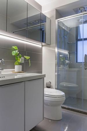 卫生间时尚大气，与整个居室的浅绿色系搭配一盆绿植，明卫设计，雅洁清新，从卫生间也能感受到一种优雅简明