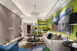 客厅一面灰色一面绿色，有着不同的视觉感受，水彩画和组合布艺沙发和黑色茶几让整个空间有了文艺的感觉，绿