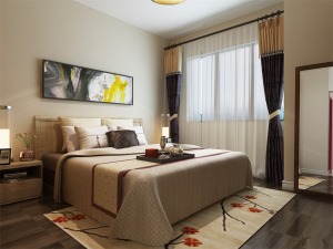 卧室的设计依然是以简单的造型为主，床的背景墙以一副现代抽象画为衬托，有层次有立体感。地毯的色彩与房间