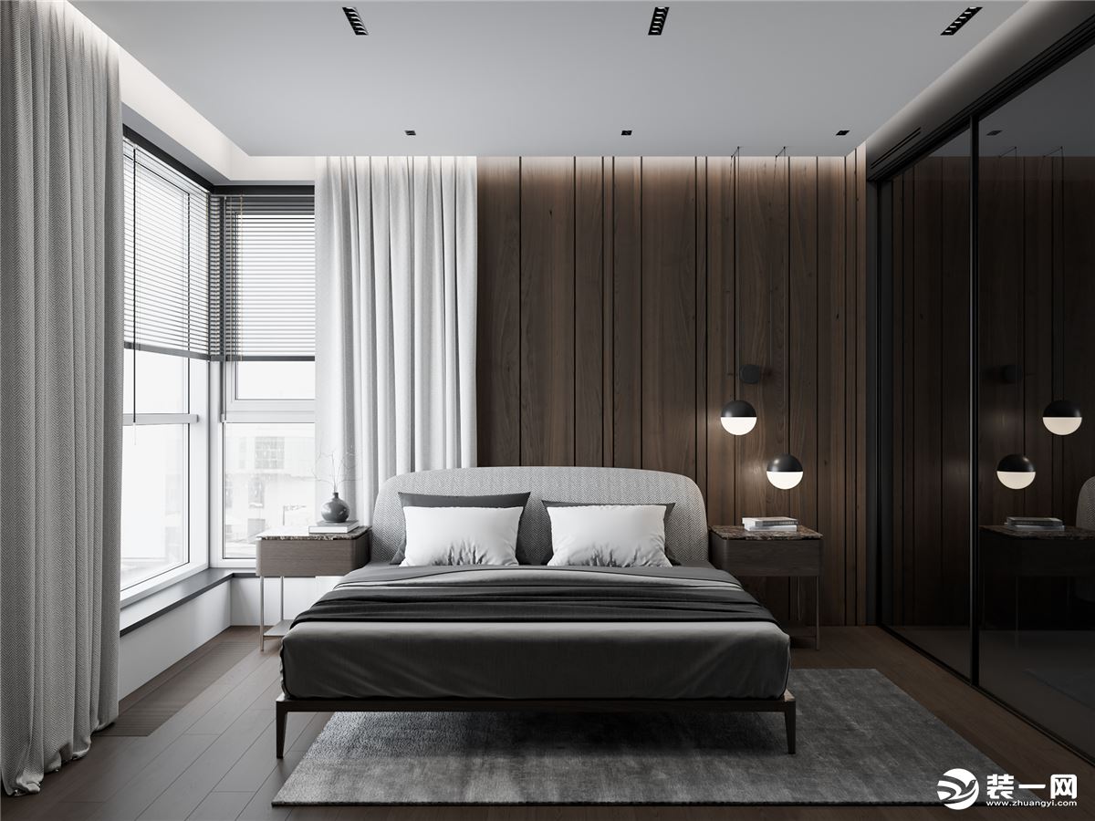 卧室以原木材质为主，木质的柔和，深色的色调，与黑色的搭配，使得空间沉稳、大气。