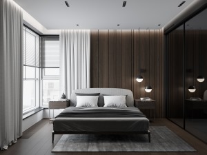 卧室以原木材质为主，木质的柔和，深色的色调，与黑色的搭配，使得空间沉稳、大气。