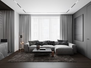 客厅以黑白灰三色为主，柔软舒适的布艺沙发放置在窗户前，落地窗的设计，使阳光照耀进室内，增加室内的明亮