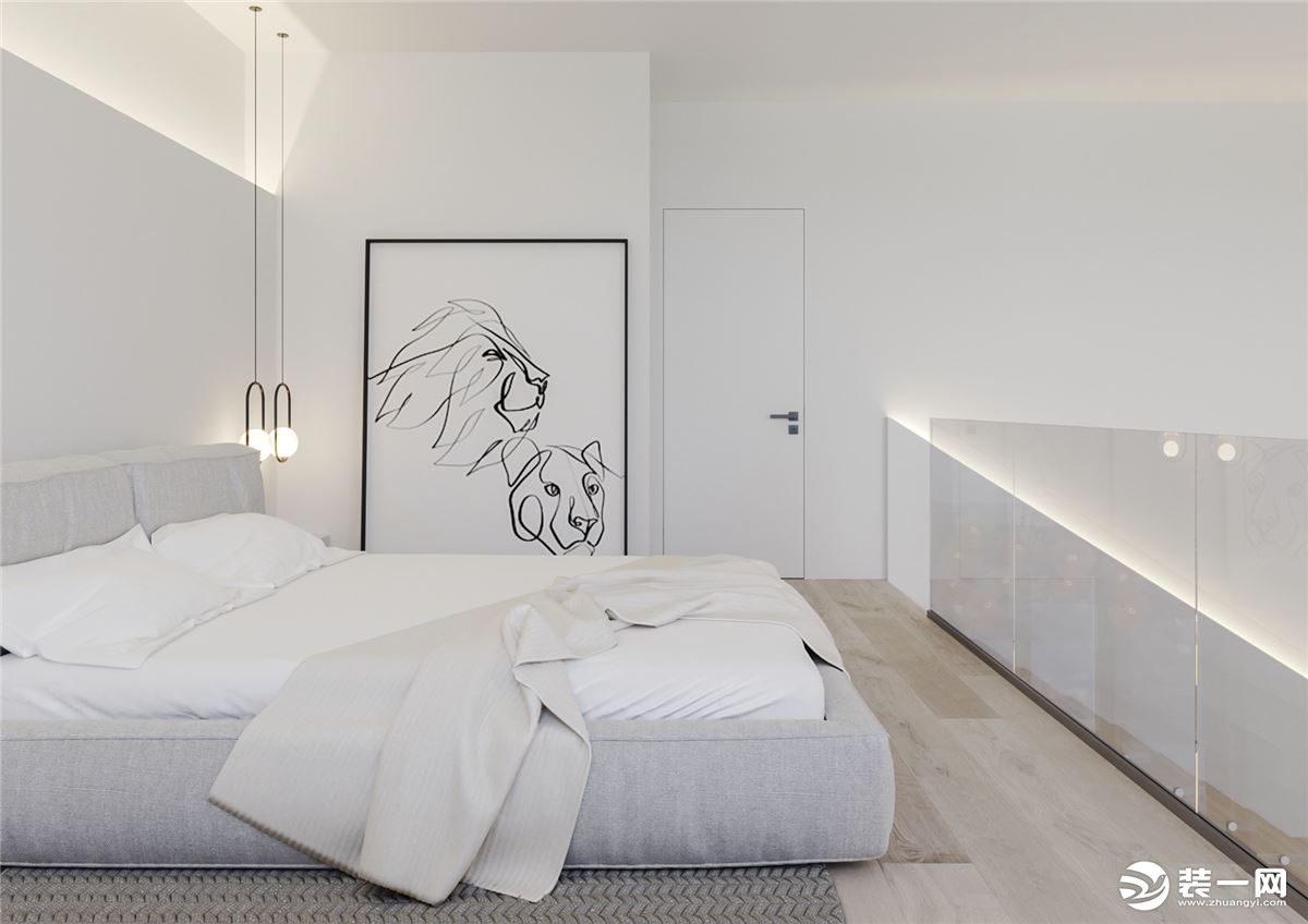 卧室墙面方面的艺术作品将是这种简约空间的闪耀点，卧室放置的单人浴缸，一个人享受的快乐时光