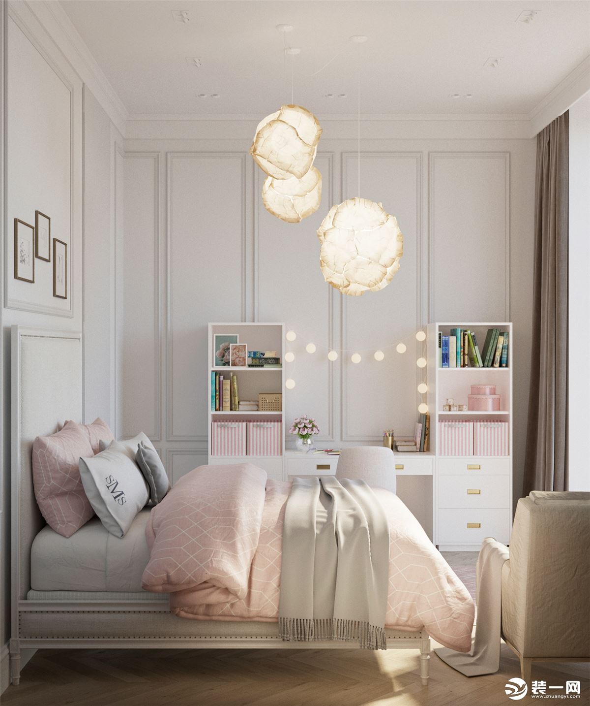 少女的房间总是梦幻浪漫，云朵的吊灯，与粉嫩的搭配，点亮少女的空间。