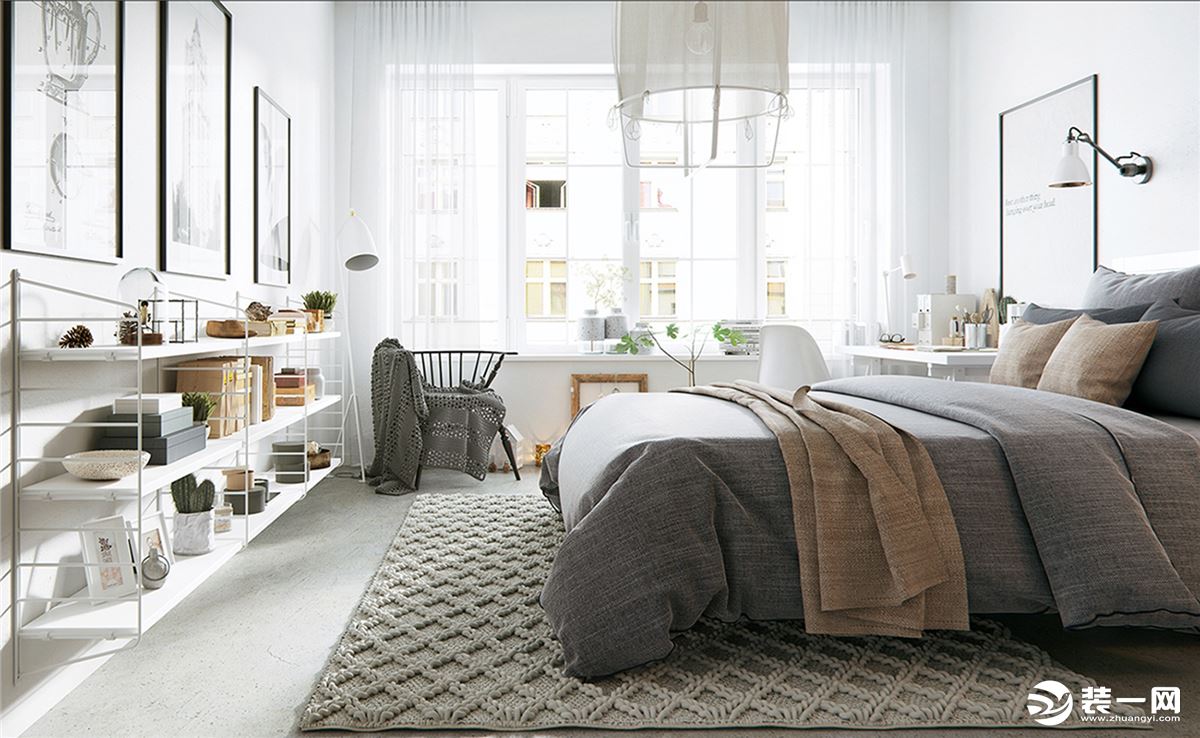 卧室延续整体的风格，白+灰的搭配，在明亮的空间里享受舒适的睡眠，