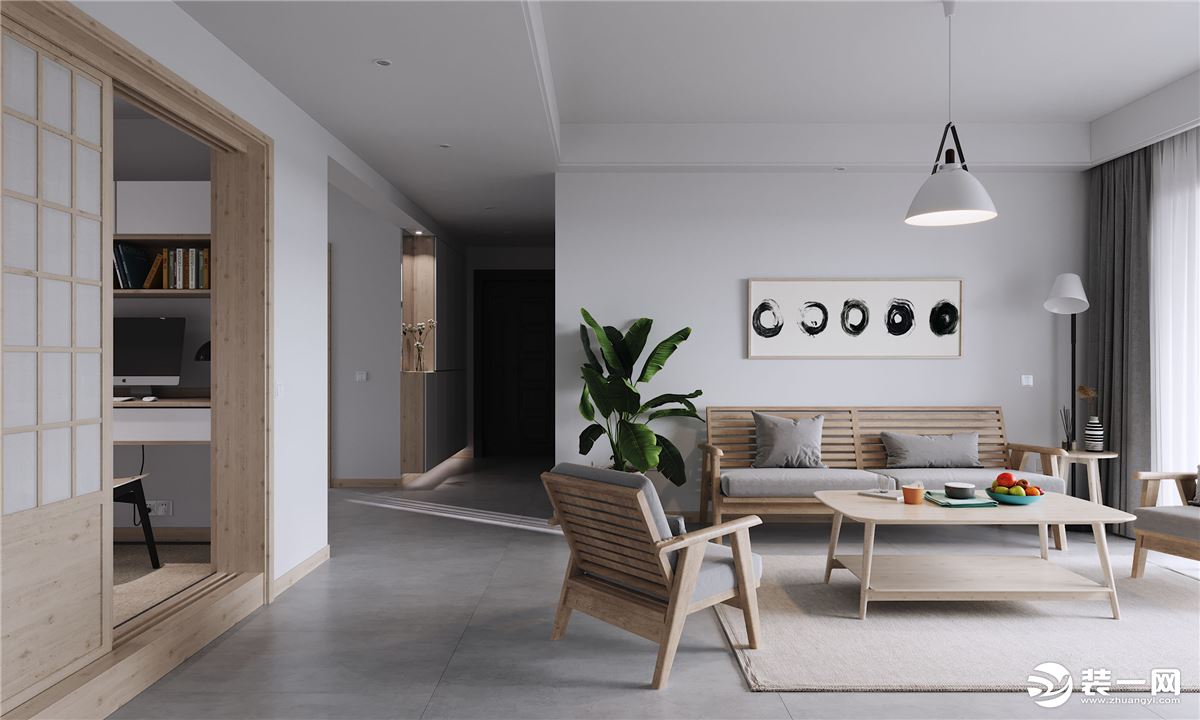 原木色的地毯，浅灰色的沙发，还有一幅简单的墙画，搭配上茶几，整个空间的格调感满满的样子。