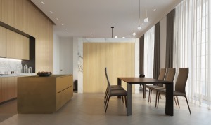 一字型的厨房设计，电视背景墙作为隔断，六人位的餐桌搭配，原木色的搭配，温馨宁静