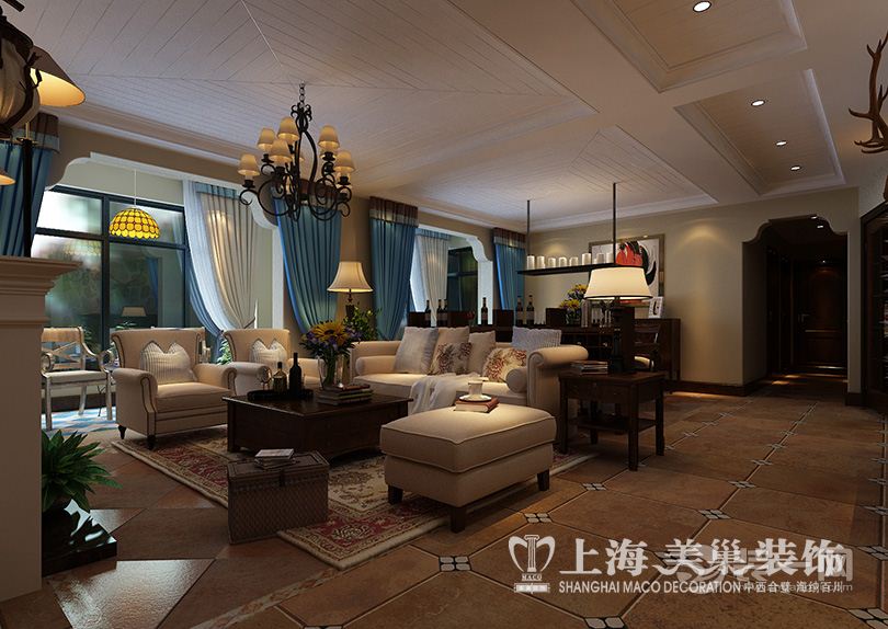 郑州二号城邦双拼160平四居室美式风格装修客厅沙发