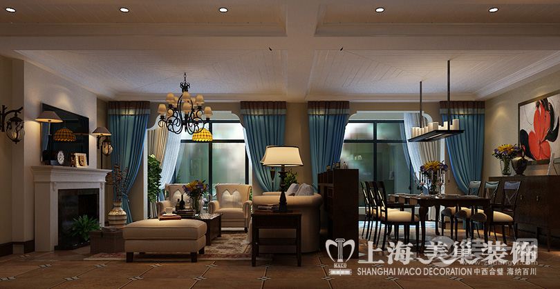 郑州二号城邦双拼160平四居室美式风格装修客厅