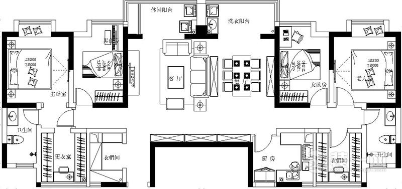 郑州二号城邦双拼160平四居室美式风格装修户型图