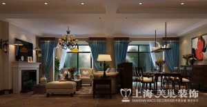 郑州二号城邦双拼160平四居室美式风格装修客厅