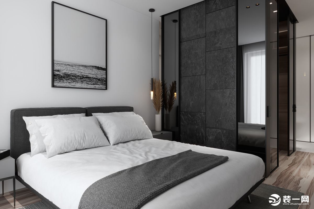 卧室延续整体的风格，黑白搭配，衣柜的大理石纹理，相互呼应，感受舒适的空间。