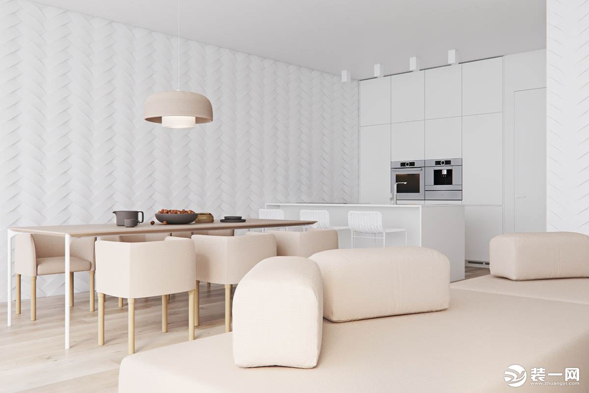 客厅与厨餐厅连贯的空间，以米色与白色相互搭配，感受舒适而温暖的用餐氛围