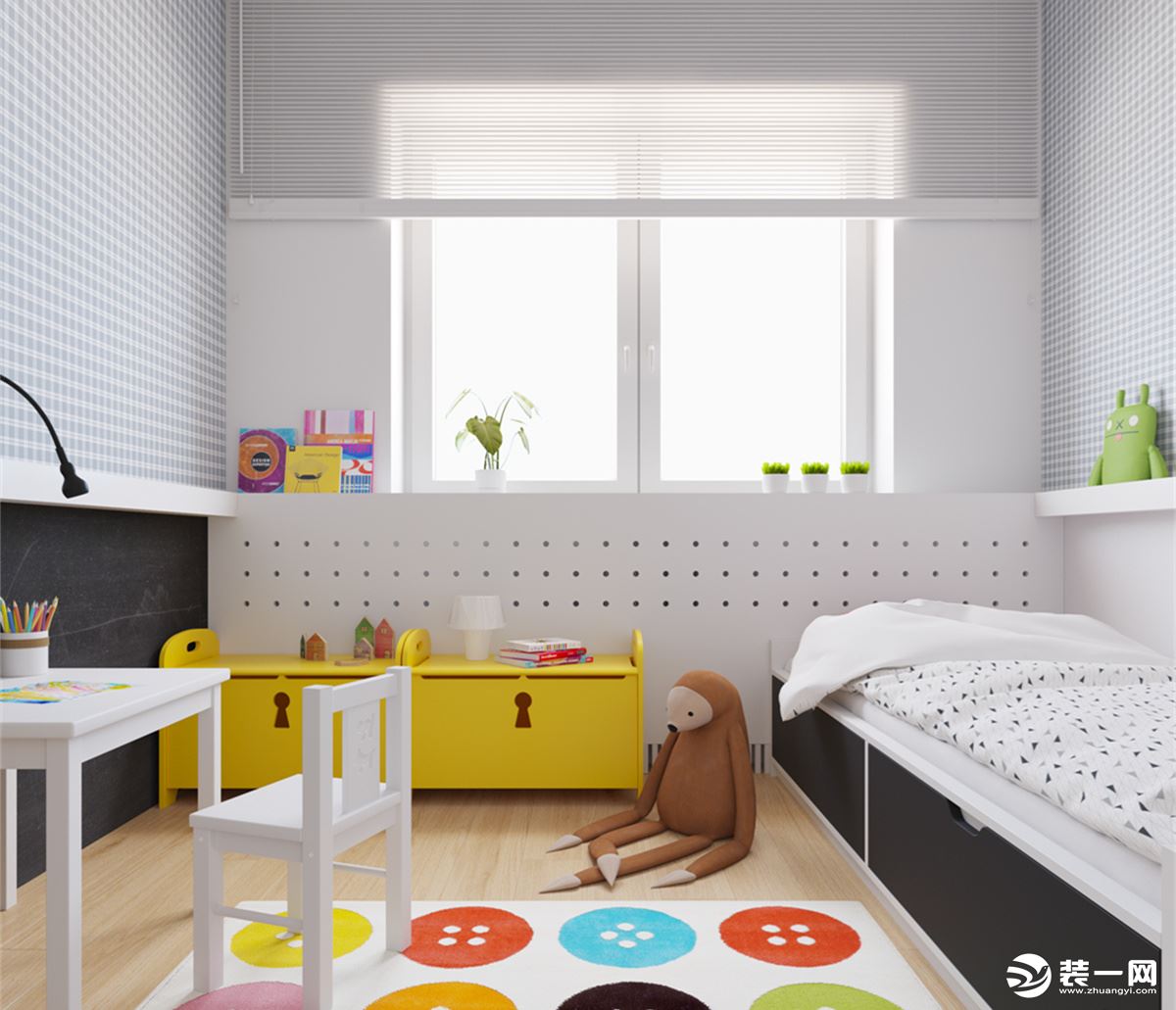儿童房以白色为主色，墙壁的一侧，用多彩的圆点为壁纸，彩色的搭配，为房间增添一丝童趣