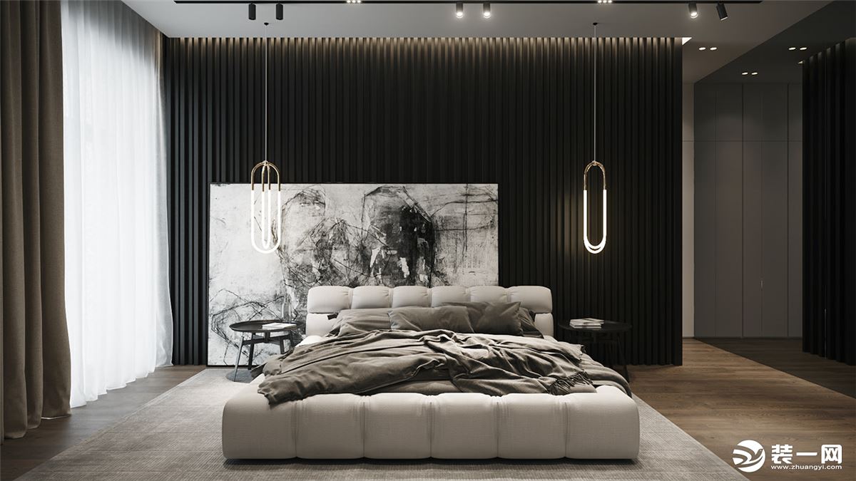 主卧，简洁的灰色硬包作为床头背景，柔和的色调让空间中无限遐想。