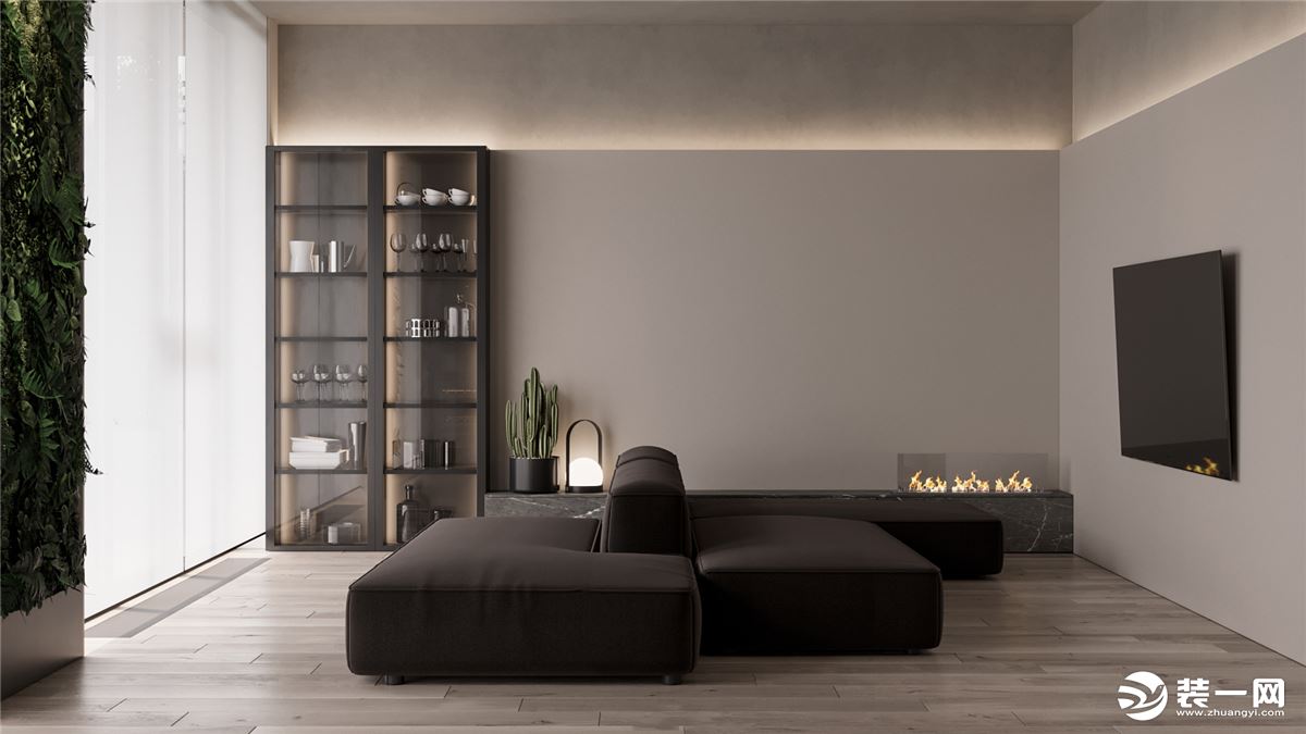 客厅大理石与木饰面以自然原始的肌理，为空间注入无限生机，展现质感的皮质沙发和点缀的金属器皿与之呼应，
