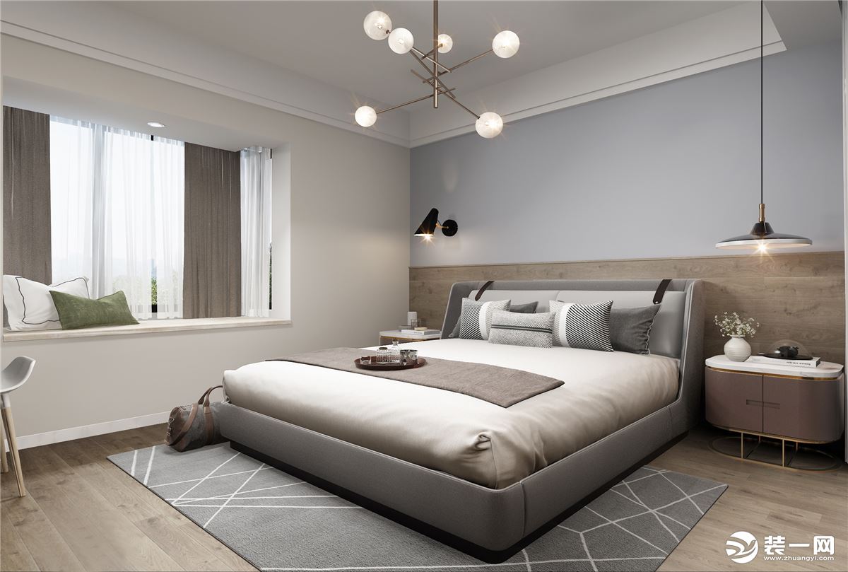 主卧以灰色与木色搭配，两种色调融合搭配，设计感十足，卧室整体色调温暖又干净