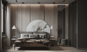 卧室以原木色作为主色，与灰色的搭配，简单舒适，床头背景的圆形装饰，像月亮，也想山河的流动。