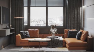 以白色作为背景色，橙色的沙发的空间的鲜活点，在空间展现时尚，舒适