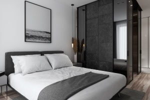 卧室延续整体的风格，黑白搭配，衣柜的大理石纹理，相互呼应，感受舒适的空间。