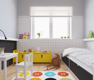 儿童房以白色为主色，墙壁的一侧，用多彩的圆点为壁纸，彩色的搭配，为房间增添一丝童趣